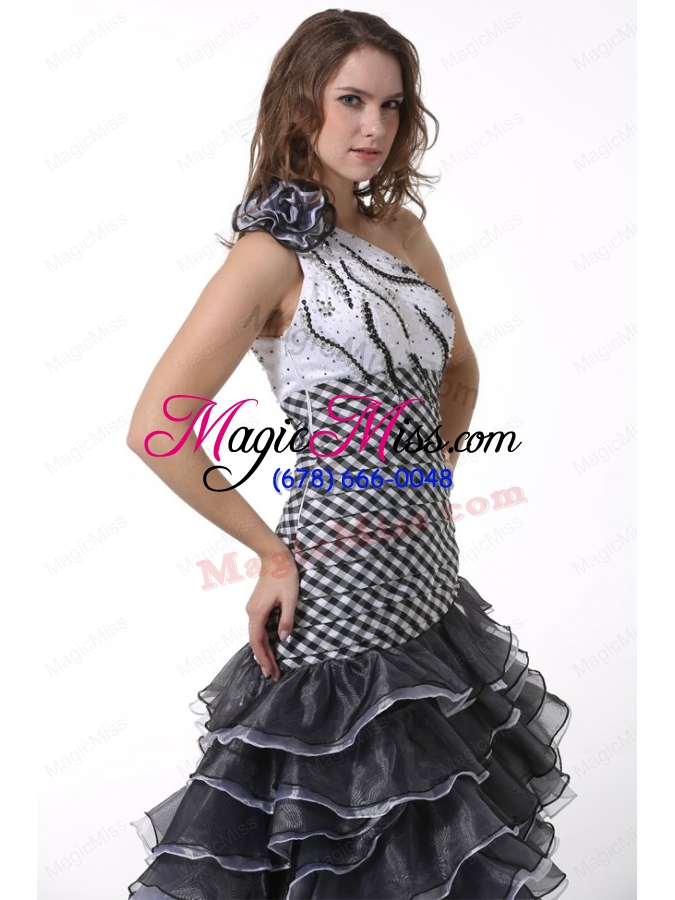 wholesale white and black one shoulder high-low prom dress with ruffled layers