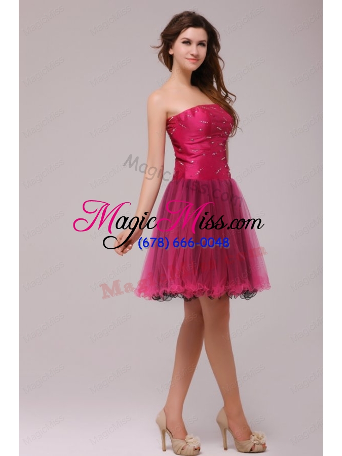 wholesale a-line strapless beading organza fuchsia prom dress