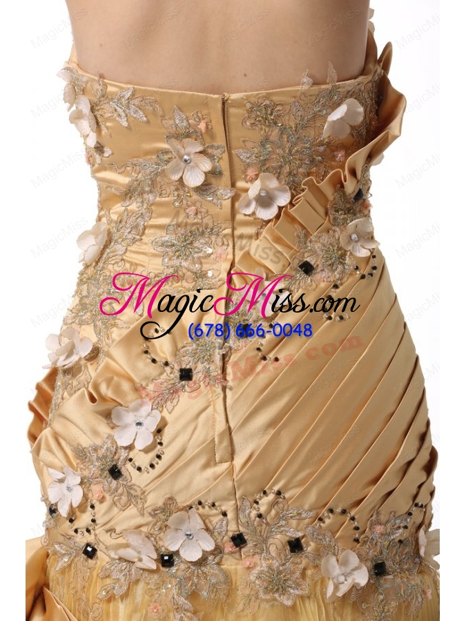 wholesale bowknot unique sweetheart gold prom dress with beading and flowers