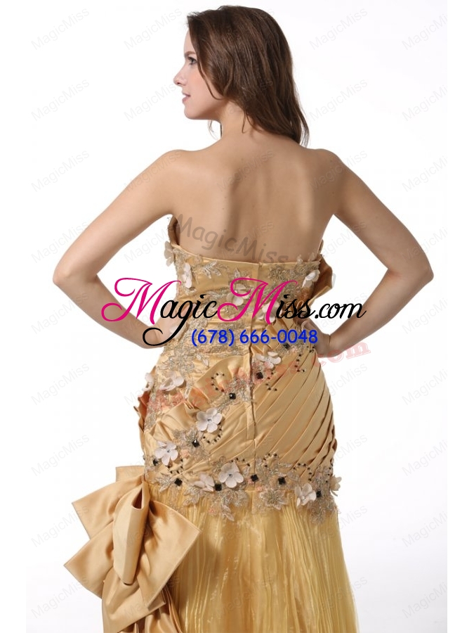wholesale bowknot unique sweetheart gold prom dress with beading and flowers