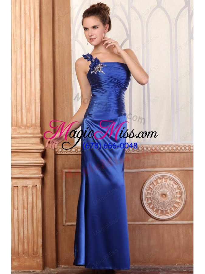 wholesale royal blue column one shoulder prom dress with beading and flowers