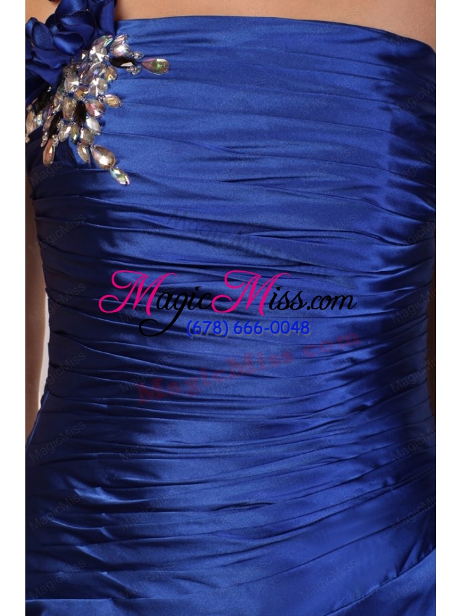 wholesale royal blue column one shoulder prom dress with beading and flowers