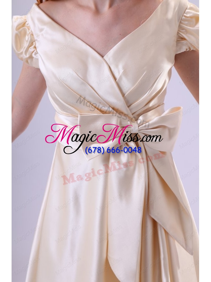 wholesale light yellow v-neck cap sleeves bow ruching prom dress