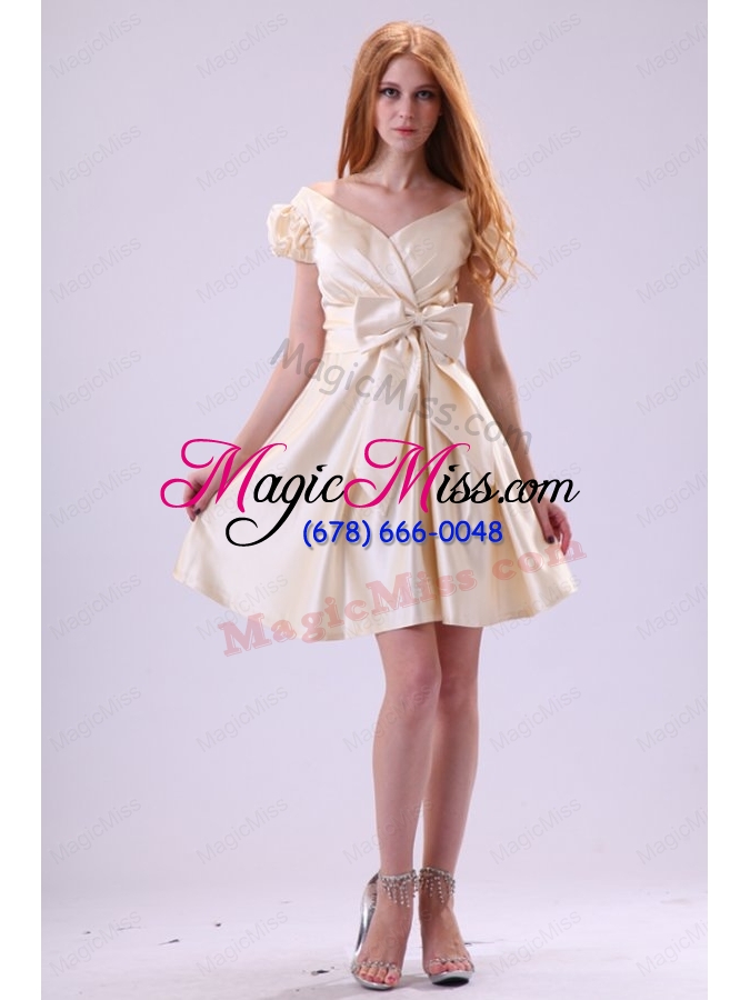 wholesale light yellow v-neck cap sleeves bow ruching prom dress