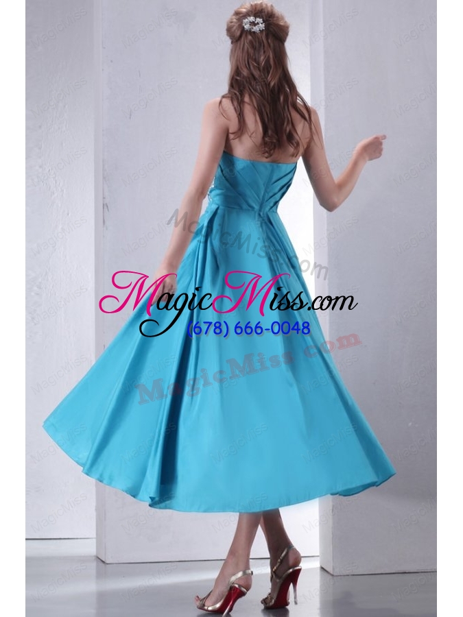 wholesale teal empire strapless tea-length prom dress with beading