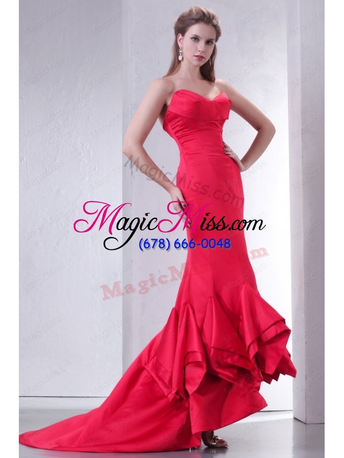wholesale coral red mermaid sweetheart high-low prom dress with ruffles