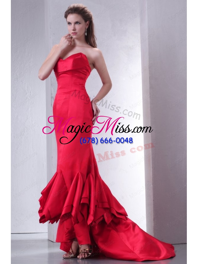 wholesale coral red mermaid sweetheart high-low prom dress with ruffles