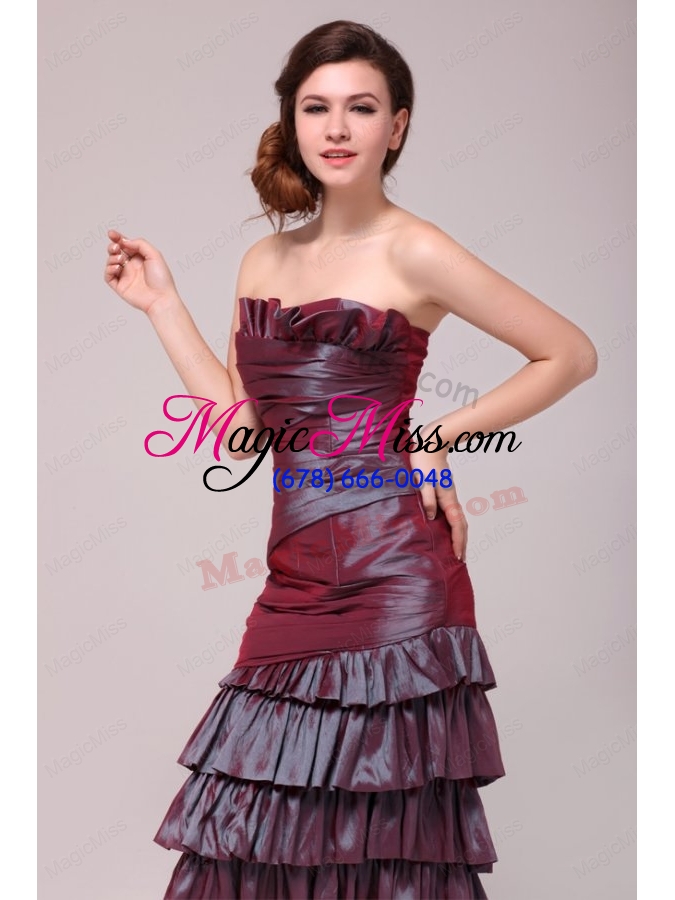 wholesale burgundy column tea-length prom dress with ruffled layers