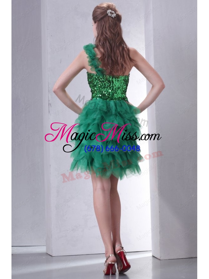 wholesale green one shoulder mini-length sequins and ruffled layers prom dress