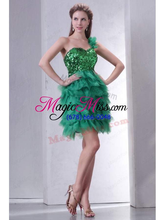 wholesale green one shoulder mini-length sequins and ruffled layers prom dress