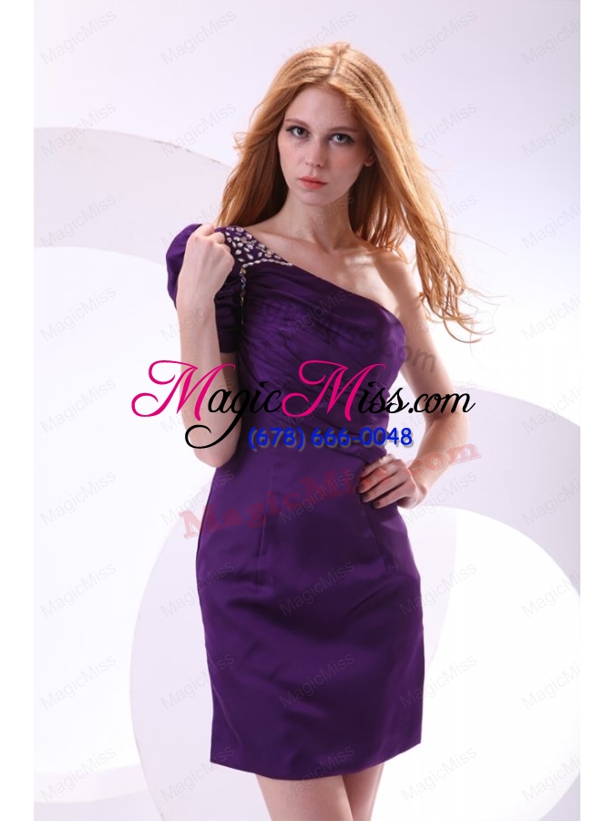 wholesale cheap column one shoulder purple mini-length beading taffeta prom dress with side zipper