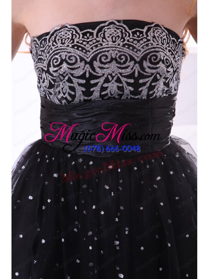 wholesale elegant black a-line strapless mini-length tulle prom dress with appliques
