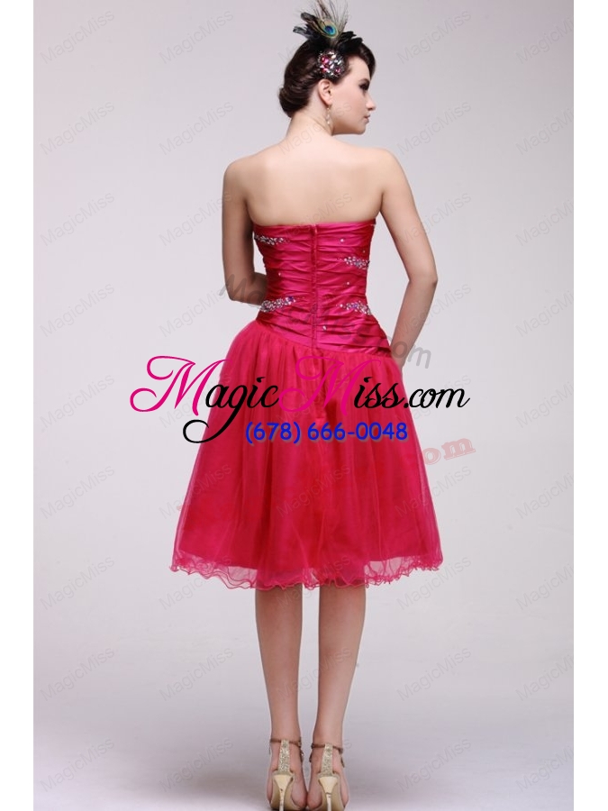 wholesale pretty a-line strapless knee-length beading taffeta hot pink prom dress