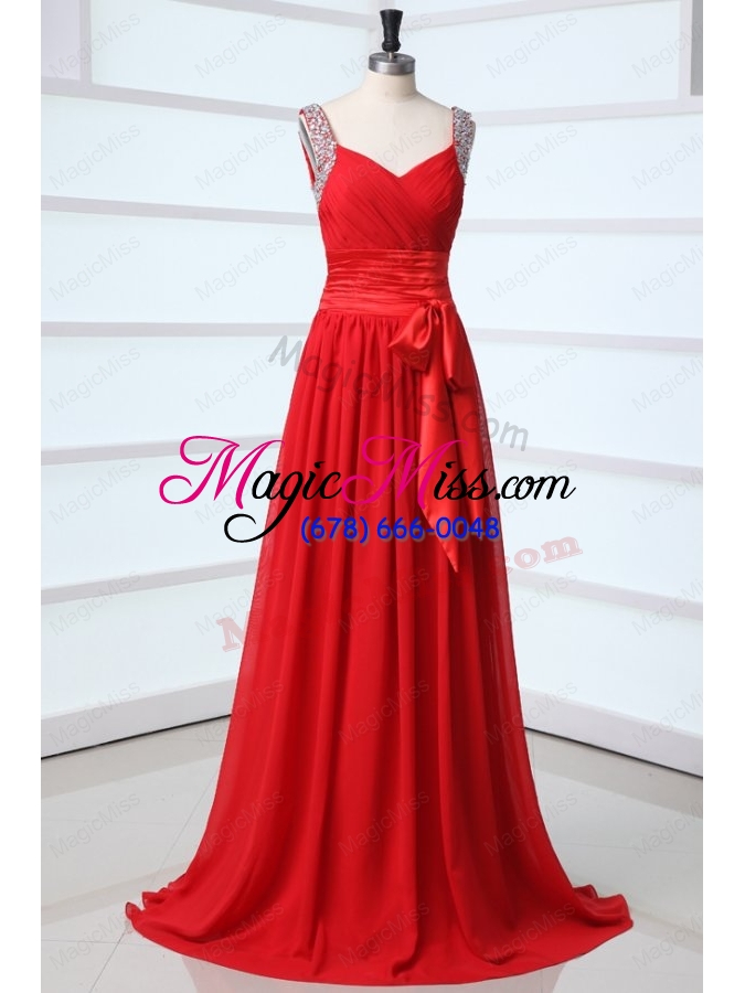 wholesale elegant column v-neck red brush train chiffon prom dress with beading