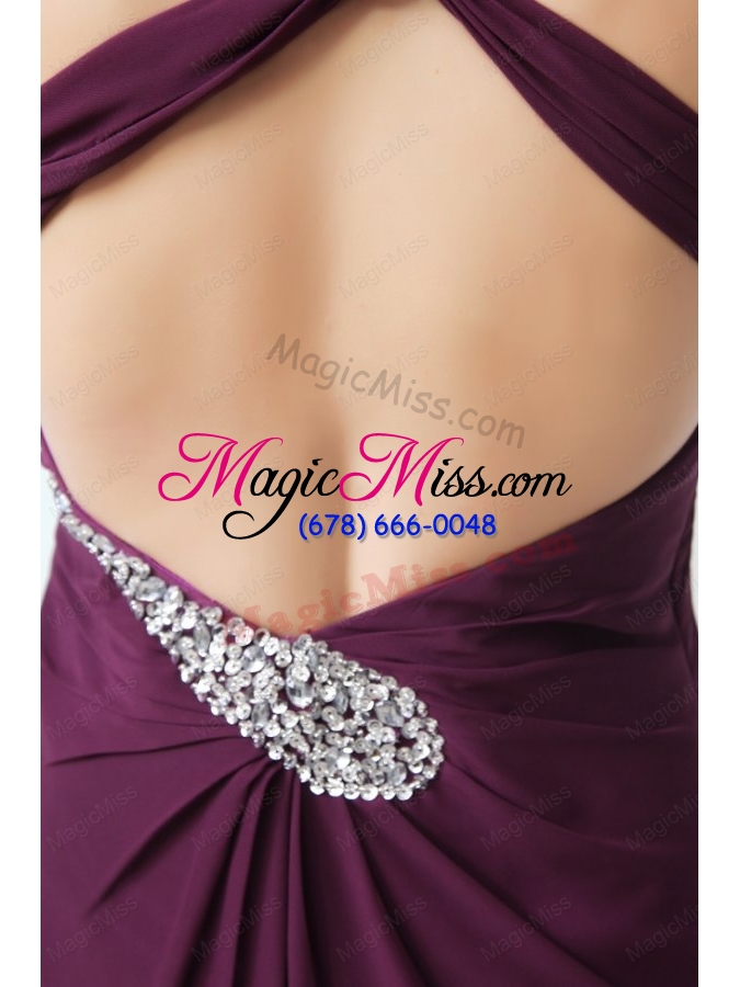wholesale dark purple one shoulder high slit beading and ruching chiffon prom dress