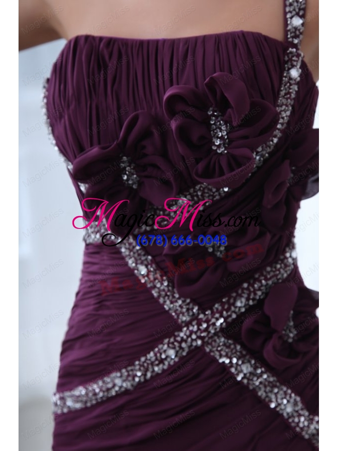 wholesale column purple one shoulder  beading and ruching prom dress