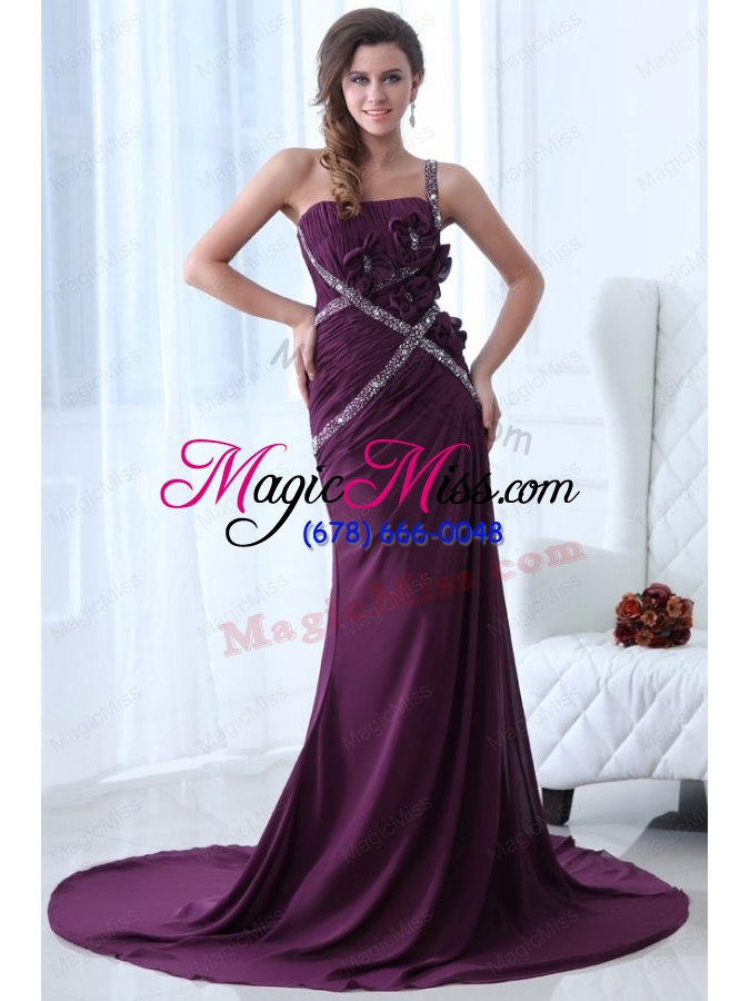 wholesale column purple one shoulder  beading and ruching prom dress