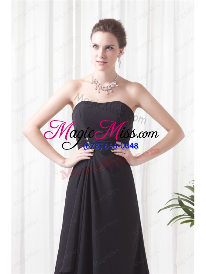 wholesale black column strapless brush train ruching prom dress with lace up
