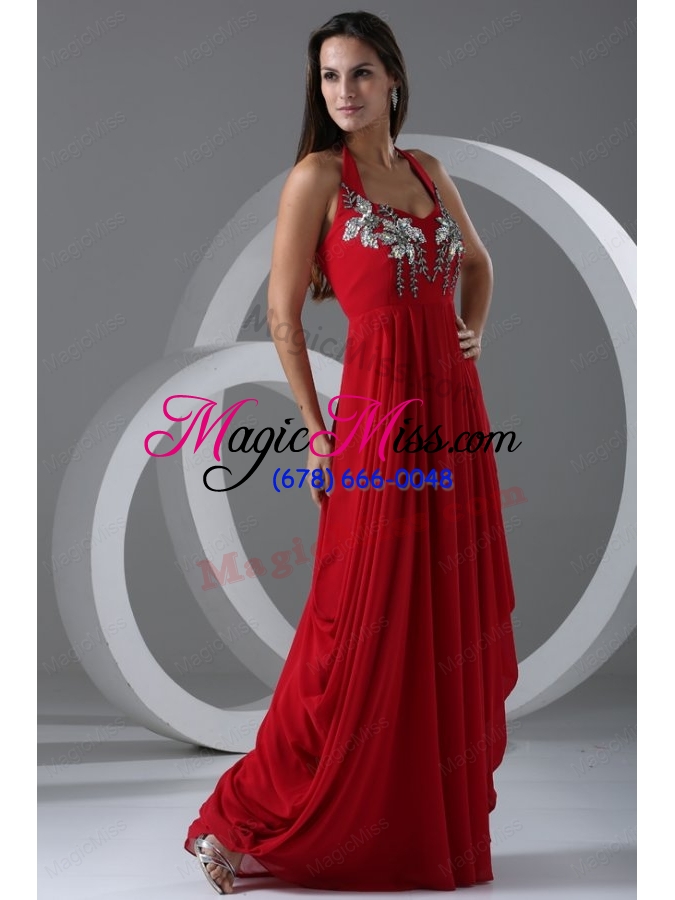 wholesale wine red empire halter top prom dress with beading