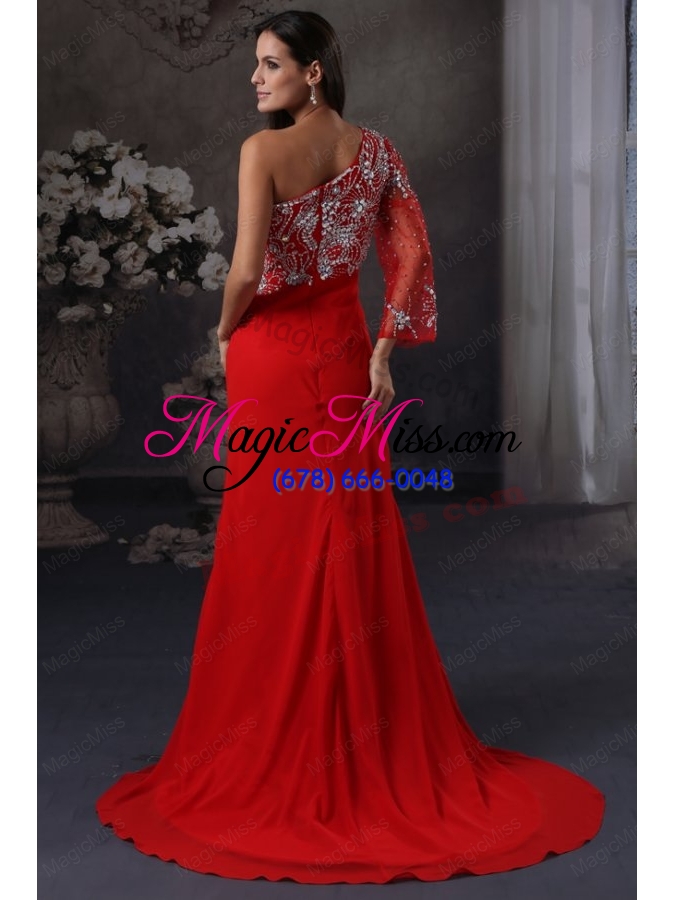 wholesale high slit one shoulder red prom dress with beading long sleeve