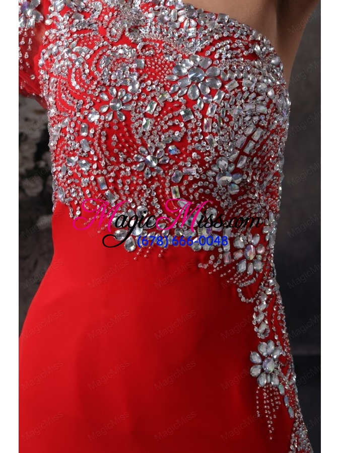 wholesale high slit one shoulder red prom dress with beading long sleeve