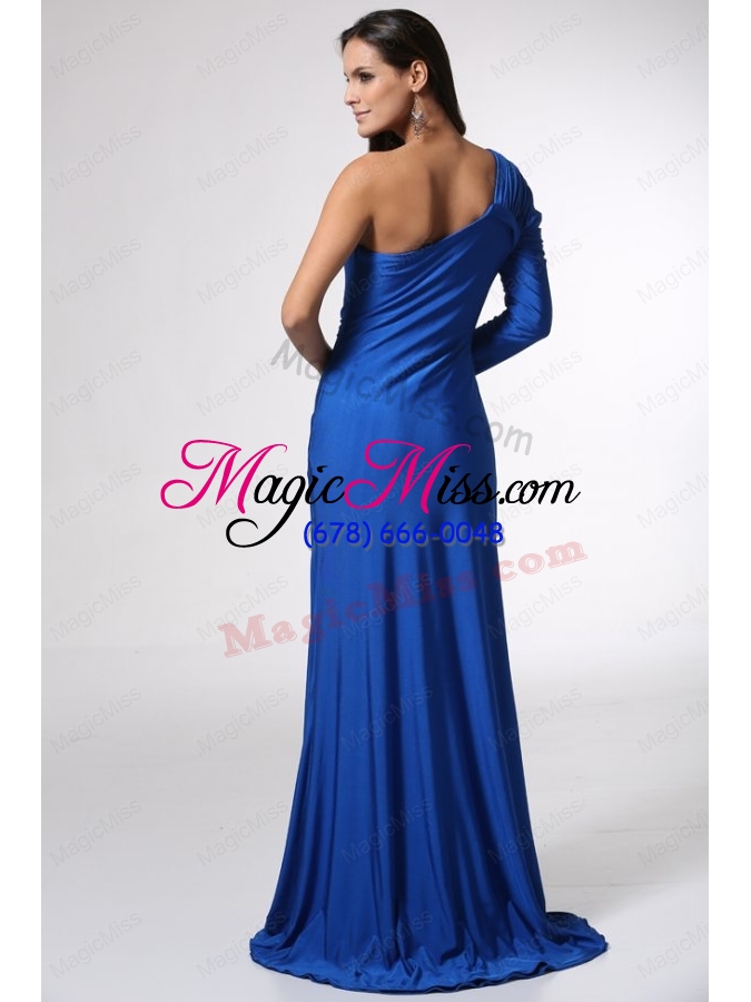 wholesale blue long sleeve one shoulder prom dress with high slit