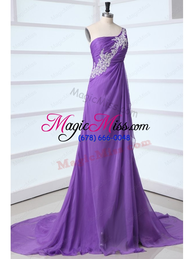 wholesale purple empire one shoulder brush train chiffon appliques 2014 prom dress