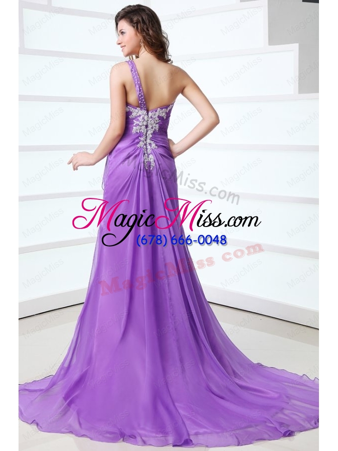 wholesale purple empire one shoulder brush train chiffon appliques 2014 prom dress