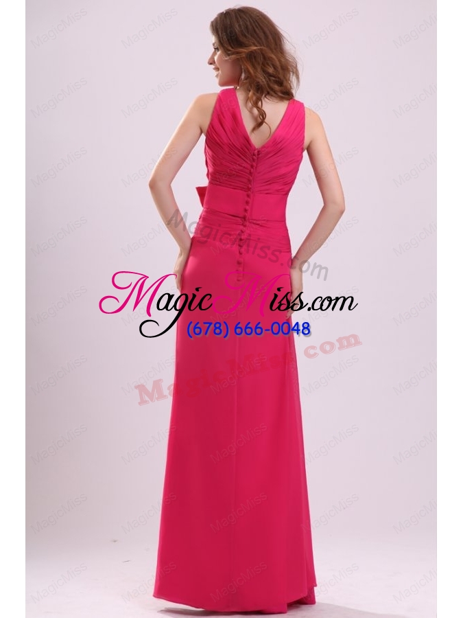 wholesale column v-neck ruching hot pink prom dress with chiffon