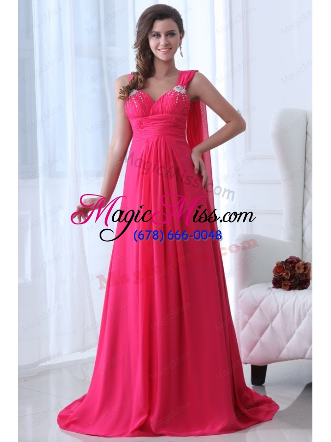 wholesale empire straps hot pink beading and ruching chiffon prom dress
