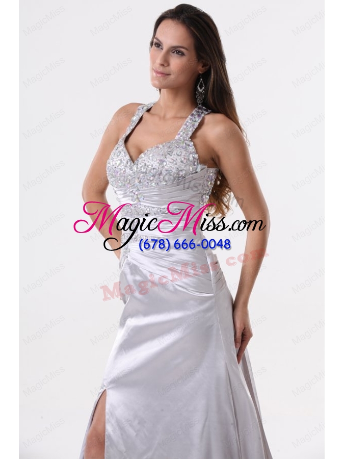 wholesale watteau train silver straps high slit prom dress with beading