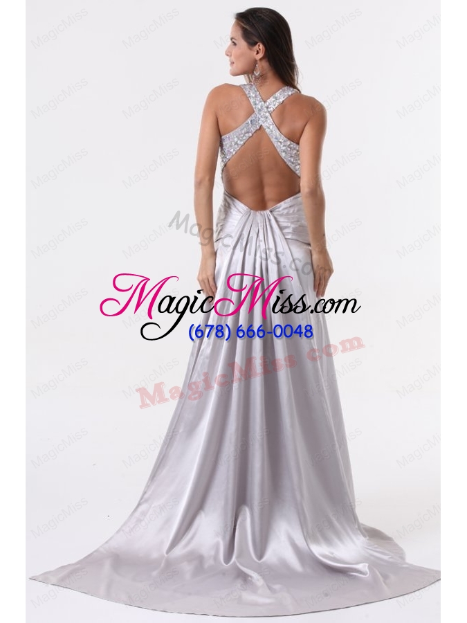 wholesale watteau train silver straps high slit prom dress with beading