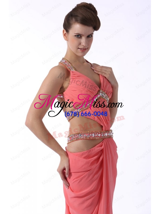 wholesale watermelon red halter top sexy prom dress with beading