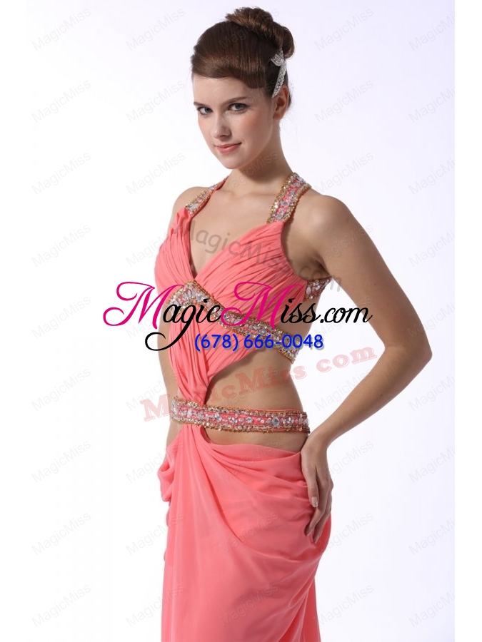 wholesale watermelon red halter top sexy prom dress with beading