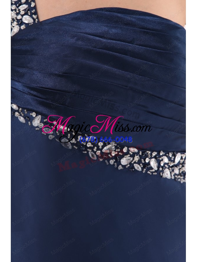 wholesale navy blue column one shoulder ankle-length elastic woven satin beading prom dress with criss cross