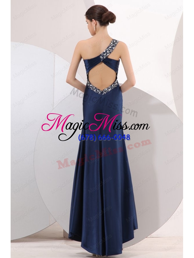 wholesale navy blue column one shoulder ankle-length elastic woven satin beading prom dress with criss cross