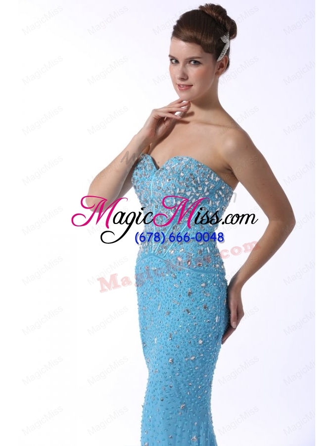 wholesale aqua blue mermaid sweetheart brush train prom dress with beading
