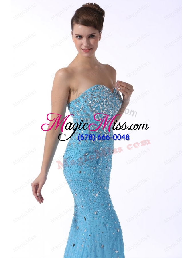 wholesale aqua blue mermaid sweetheart brush train prom dress with beading