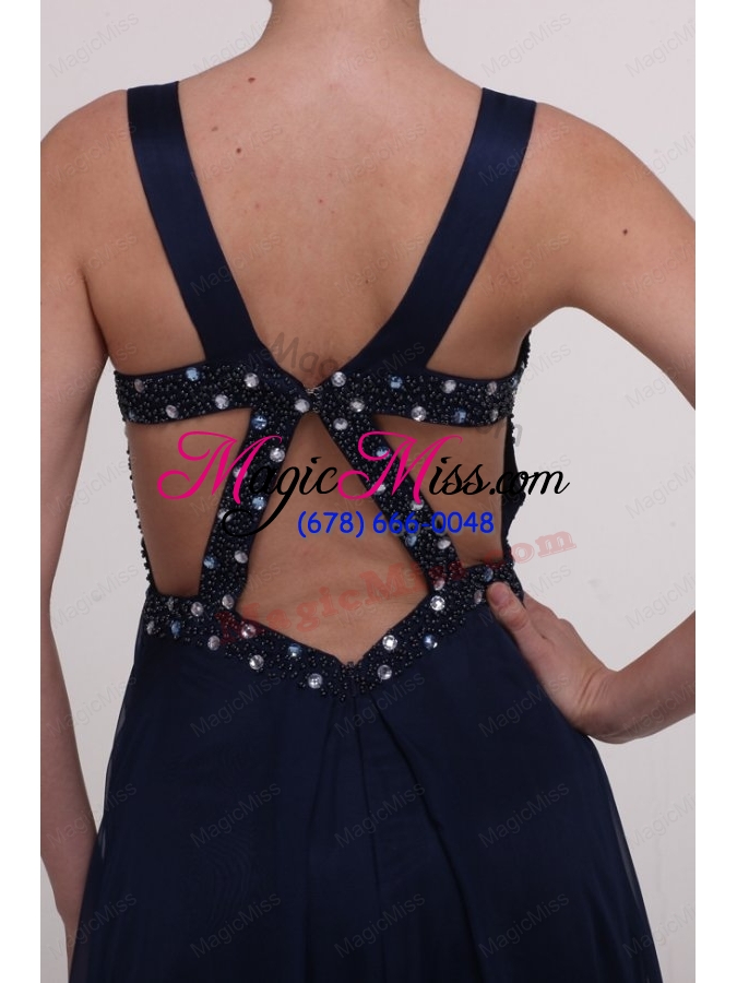 wholesale navy blue empire straps prom dress with beading and ruching