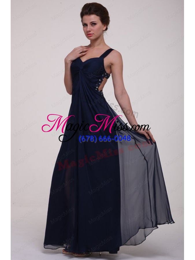 wholesale navy blue empire straps prom dress with beading and ruching
