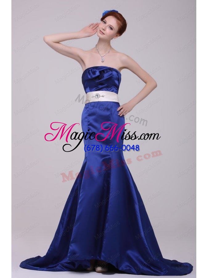 wholesale mermaid strapless brush train navy blue taffeta sashes prom dress