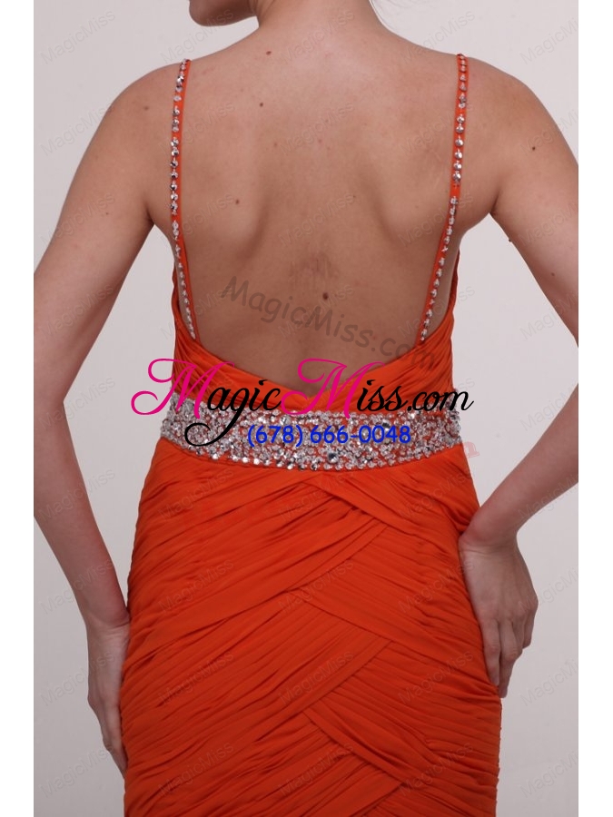 wholesale brush train orange red spaghetti straps prom dress with beading
