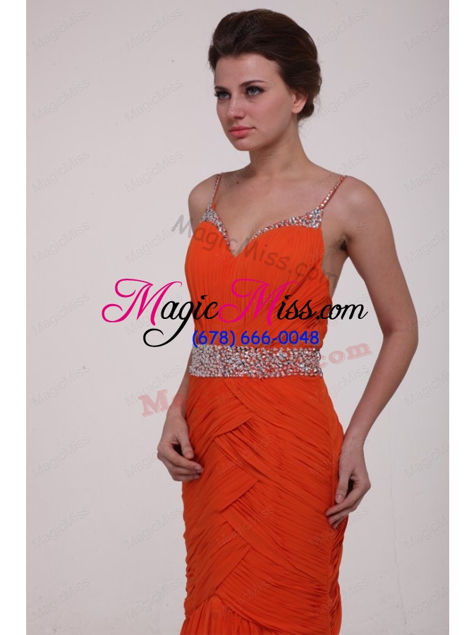 wholesale brush train orange red spaghetti straps prom dress with beading