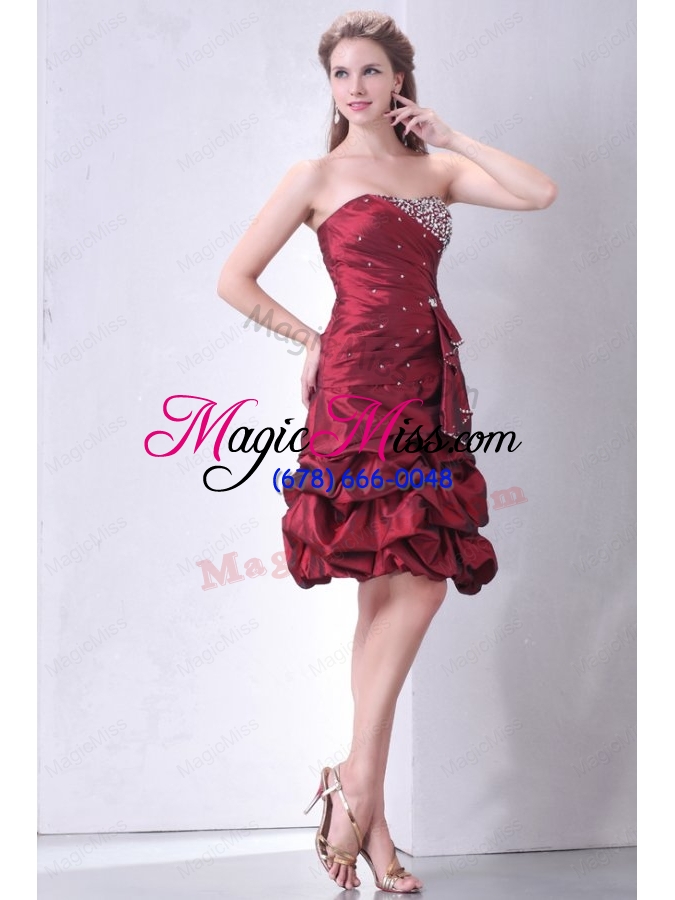 wholesale burgundy a-line strapless prom dress with beading and pick-ups