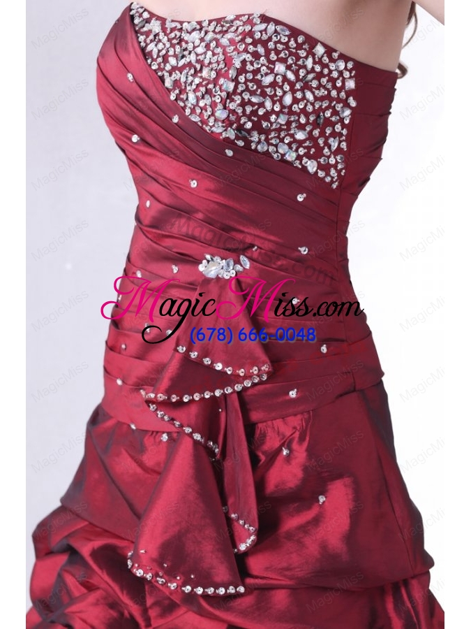 wholesale burgundy a-line strapless prom dress with beading and pick-ups