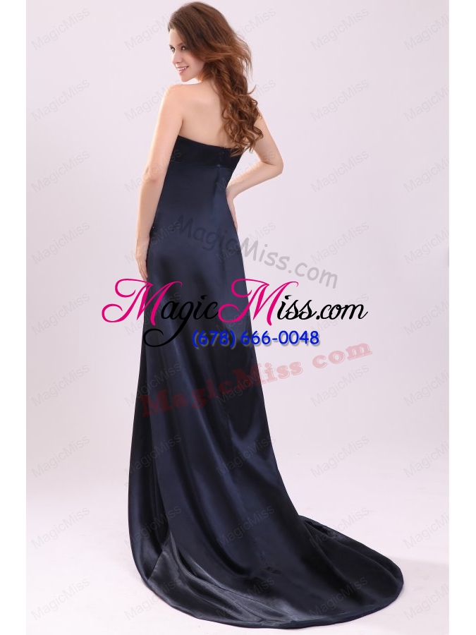 wholesale elegant empire strapless navy blue elastic woven satin beading prom dress with brush train