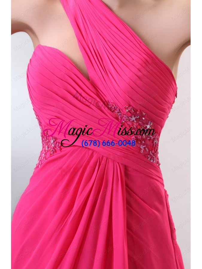 wholesale one shoulder hot pink chiffon appliques watteau train prom dress