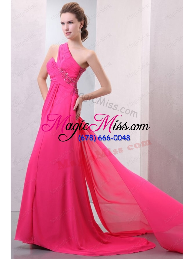 wholesale one shoulder hot pink chiffon appliques watteau train prom dress