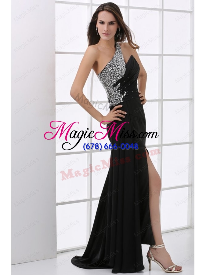 wholesale column black one shoulder beading and high silt prom dress