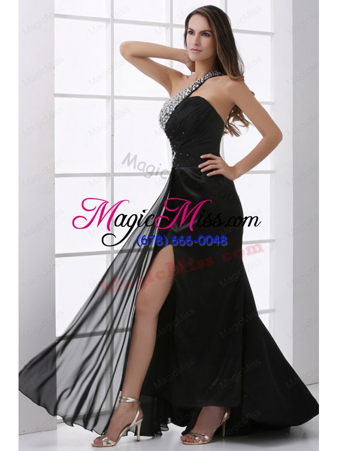 wholesale column black one shoulder beading and high silt prom dress